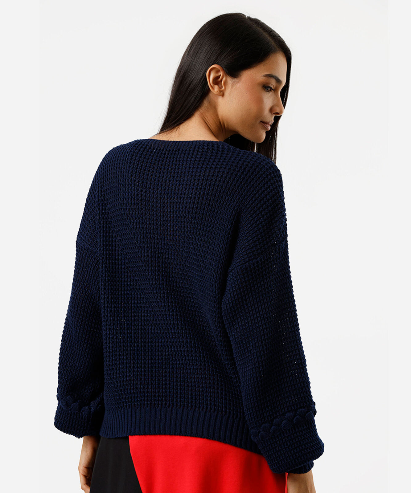 suéter feminino de tricot decote v texturizado azul