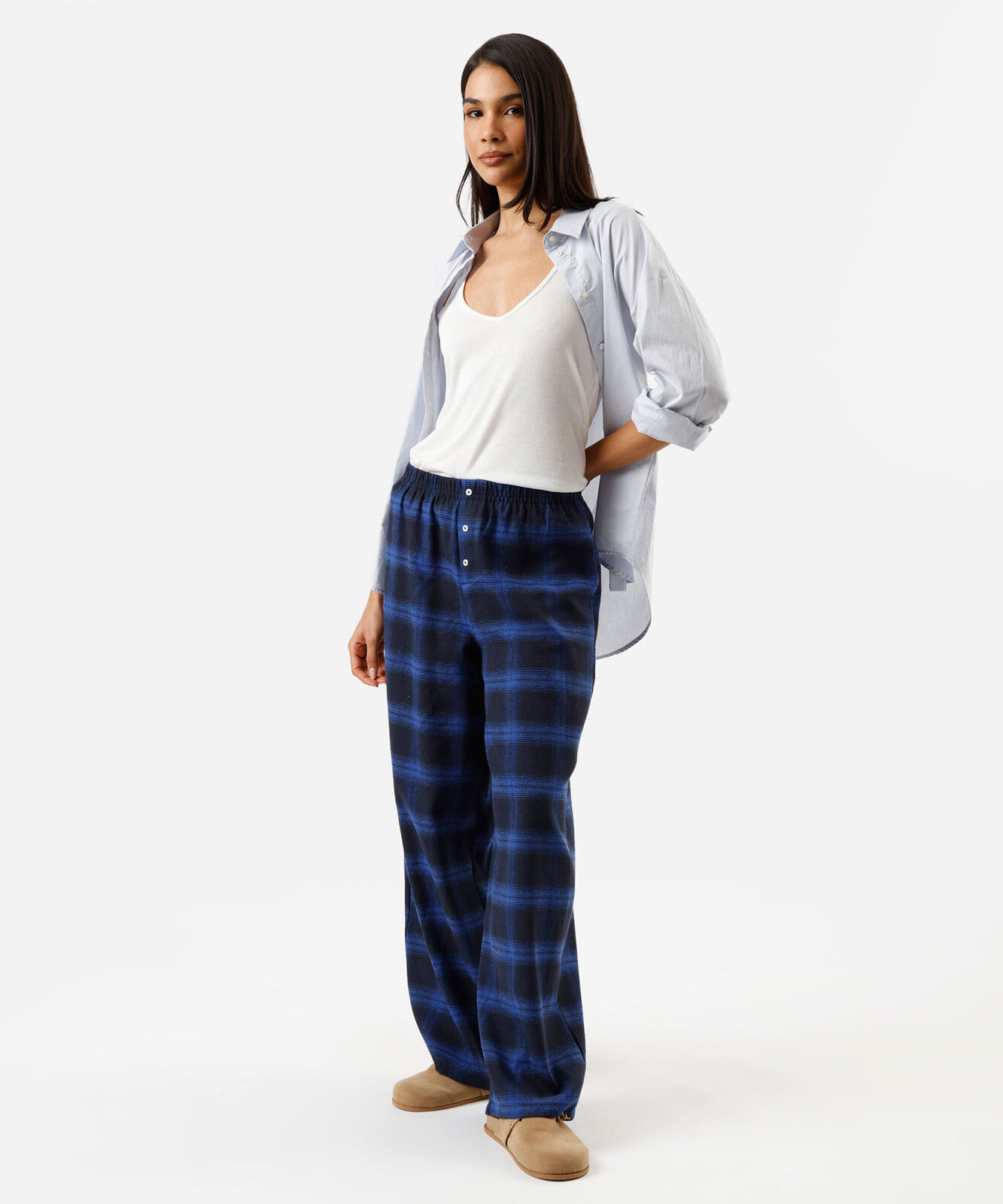calça estilo pijama feminina cós elástico xadrez azul