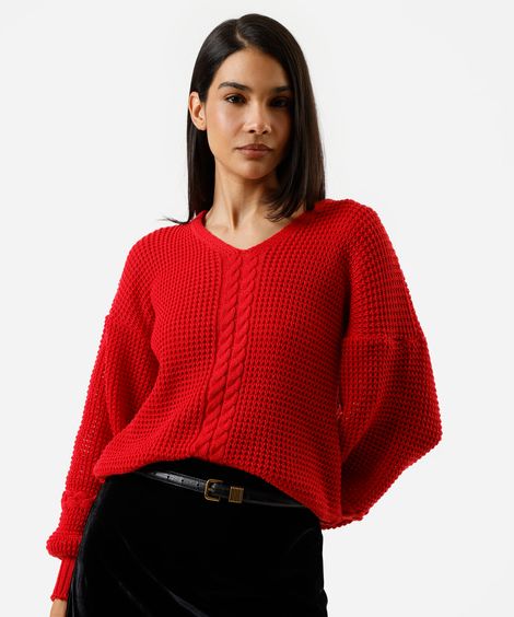suéter feminino de tricot decote v texturizado vermelho