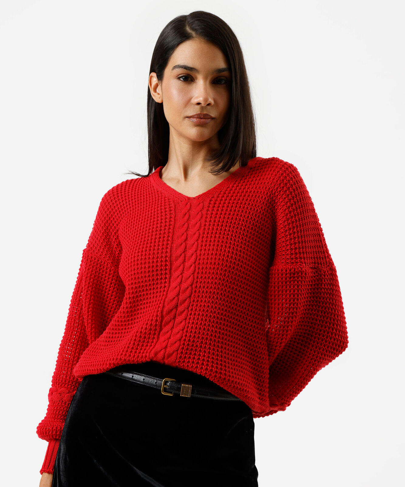 suéter feminino de tricot decote v texturizado vermelho