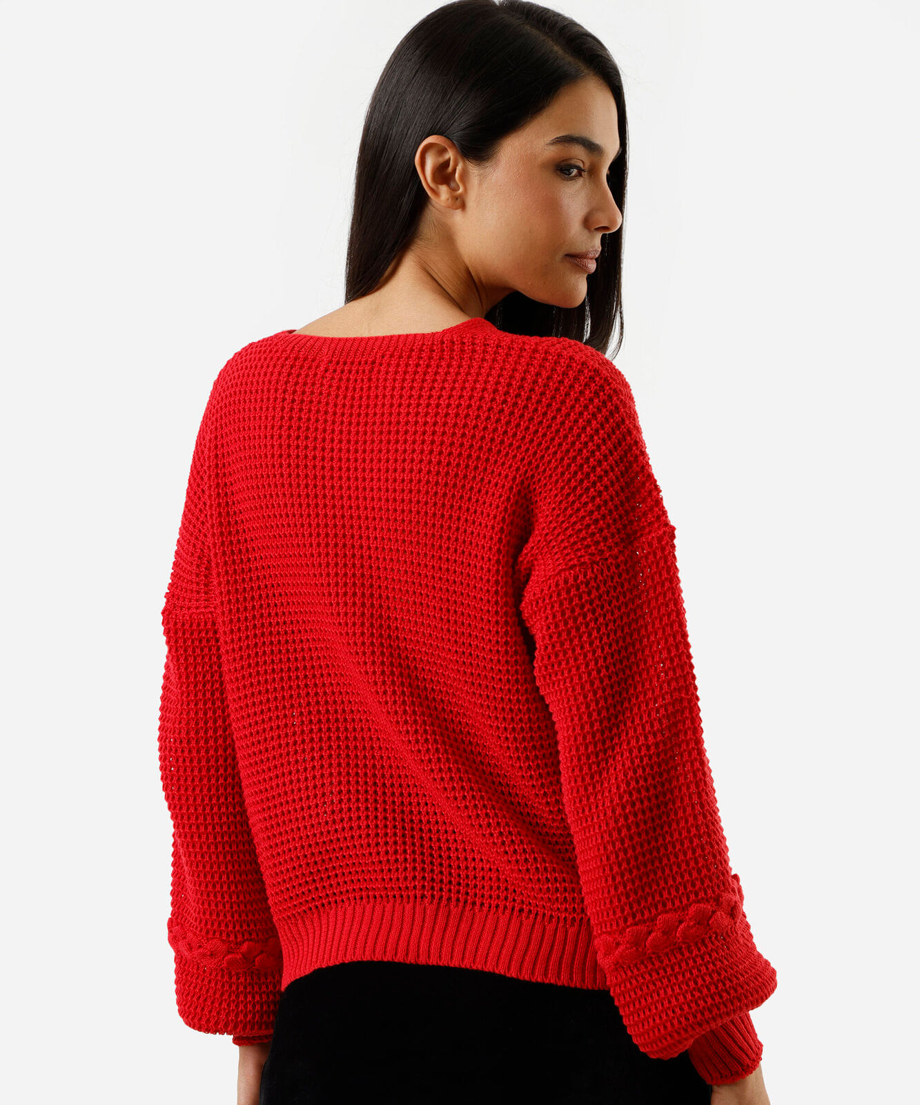 suéter feminino de tricot decote v texturizado vermelho