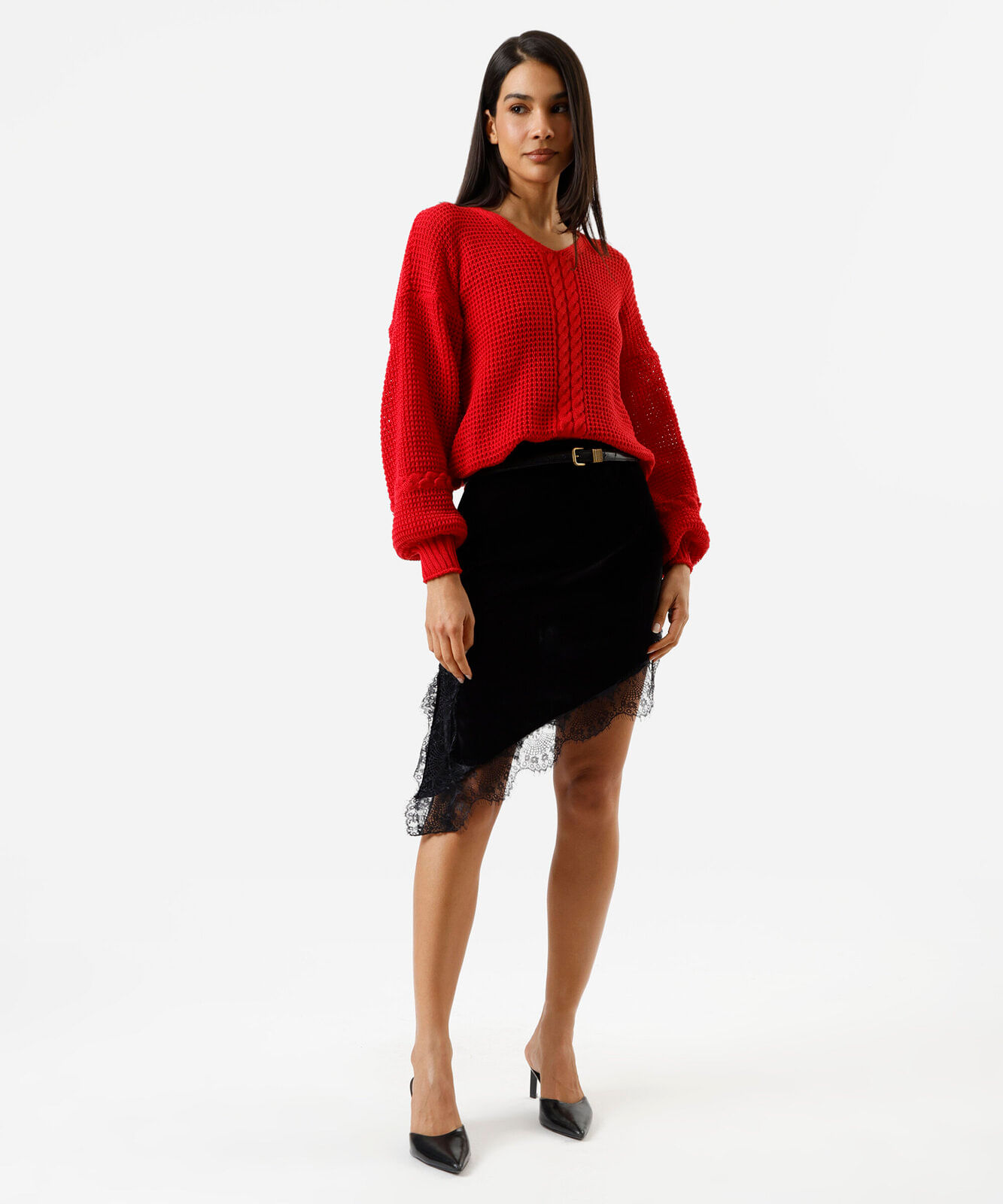 suéter feminino de tricot decote v texturizado vermelho