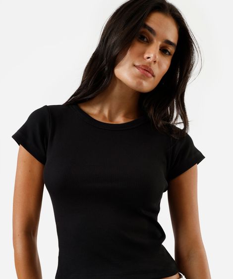 blusa baby look feminina de algodão manga curta canelada preta