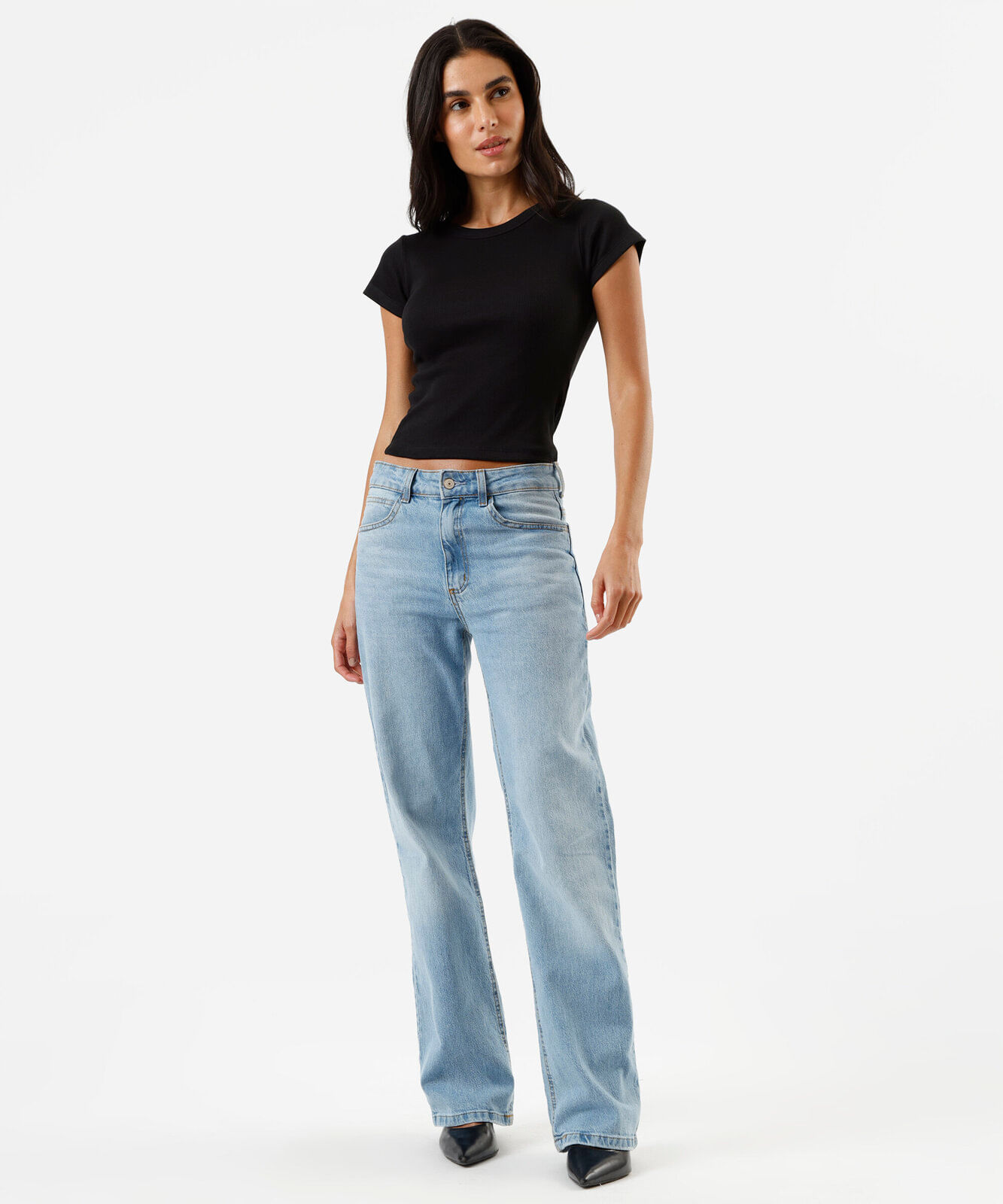 blusa baby look feminina de algodão manga curta canelada preta