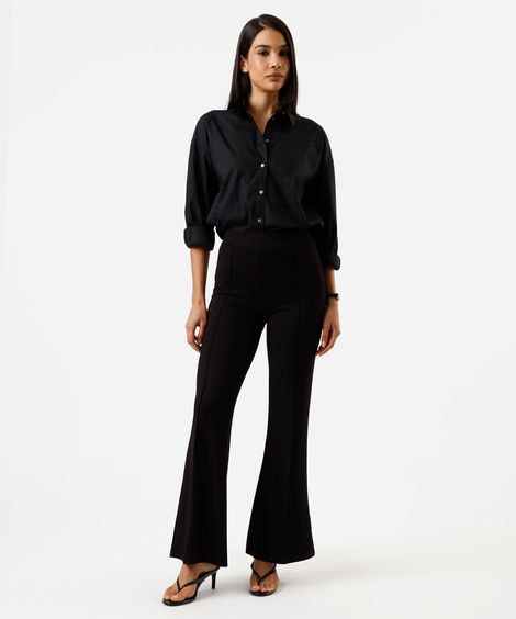 calça flare feminina com nervuras cintura alta preta
