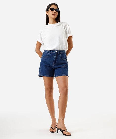 short feminino jeans cintura alta azul