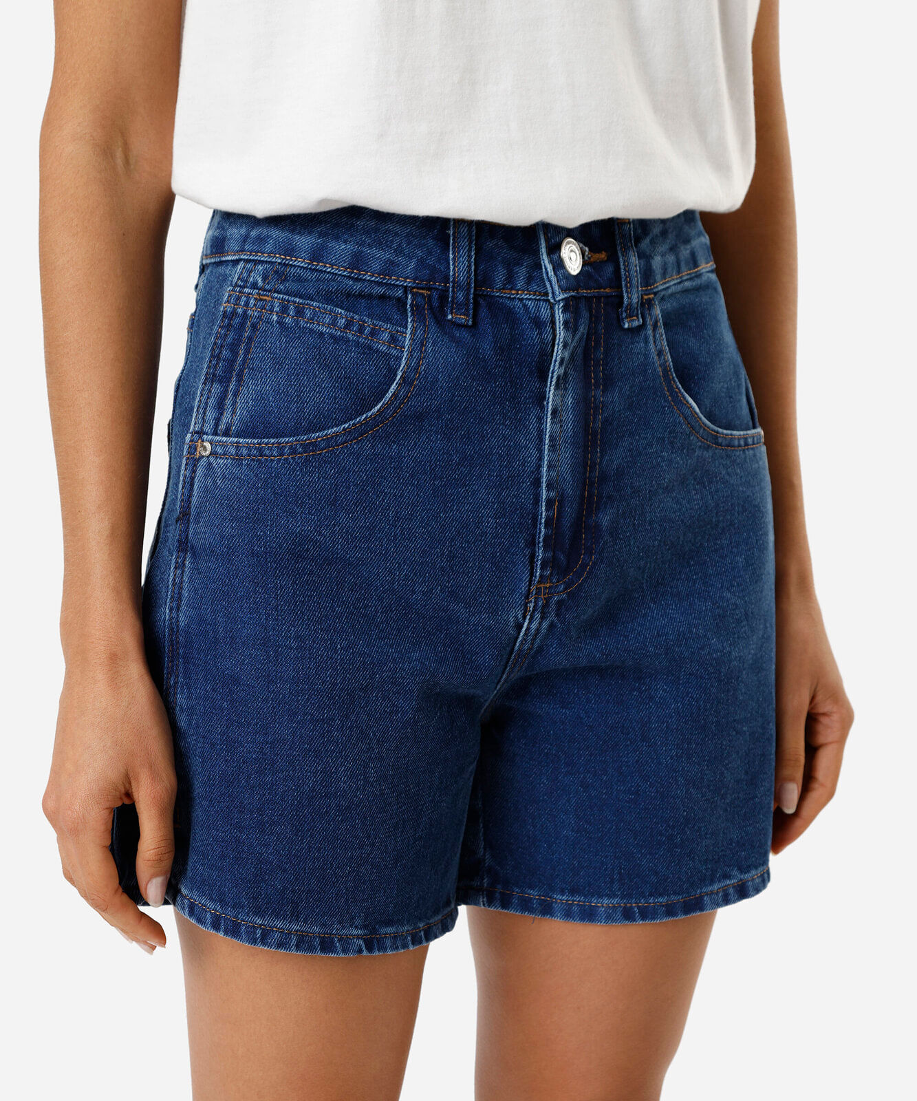 short feminino jeans cintura alta azul