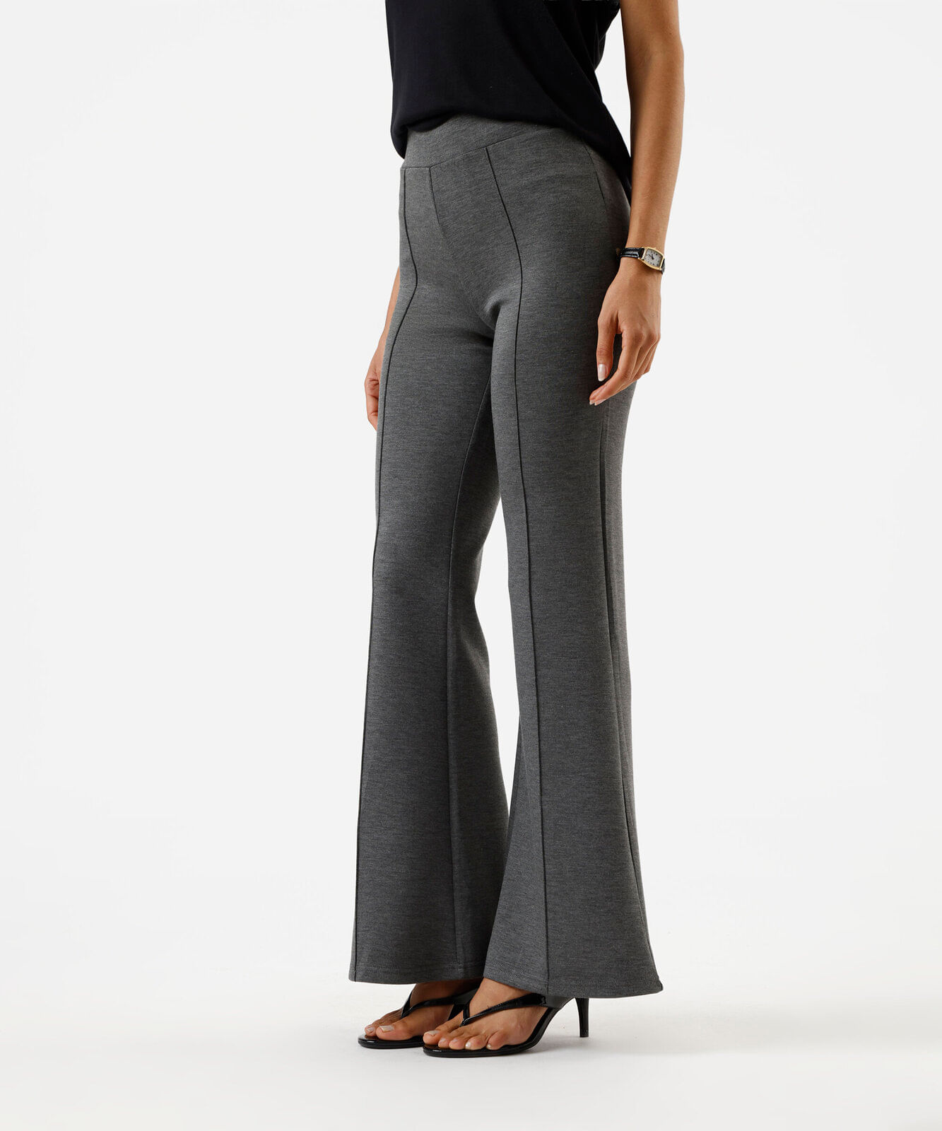 calça flare feminina com nervuras cintura alta cinza