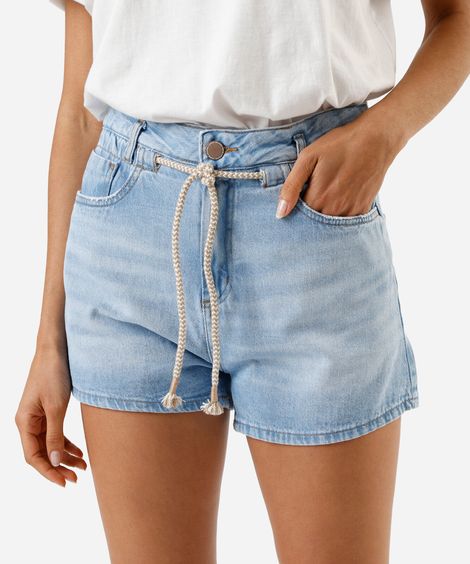short feminino jeans com cordão cintura alta azul