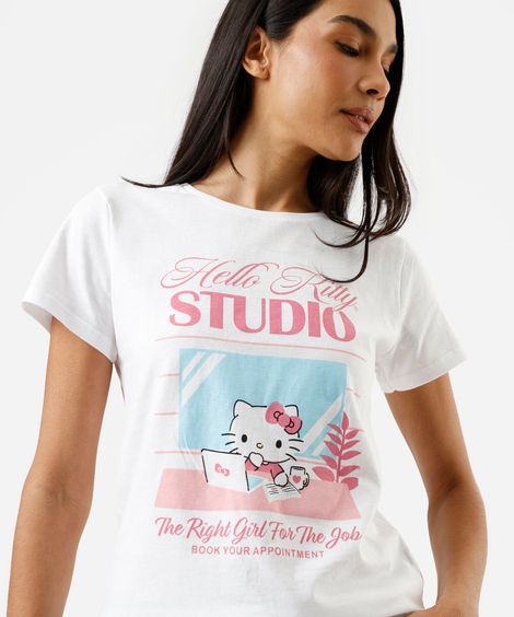 camiseta feminina de algodão manga curta hello kitty off white