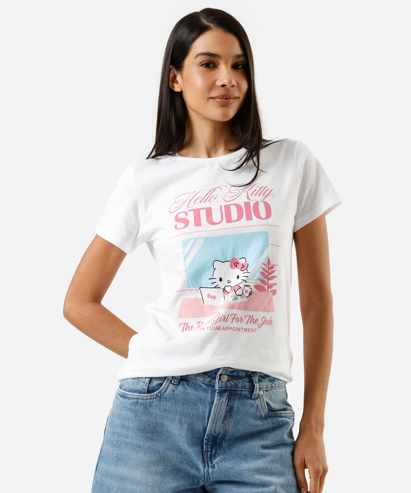 camiseta feminina de algodão manga curta hello kitty off white