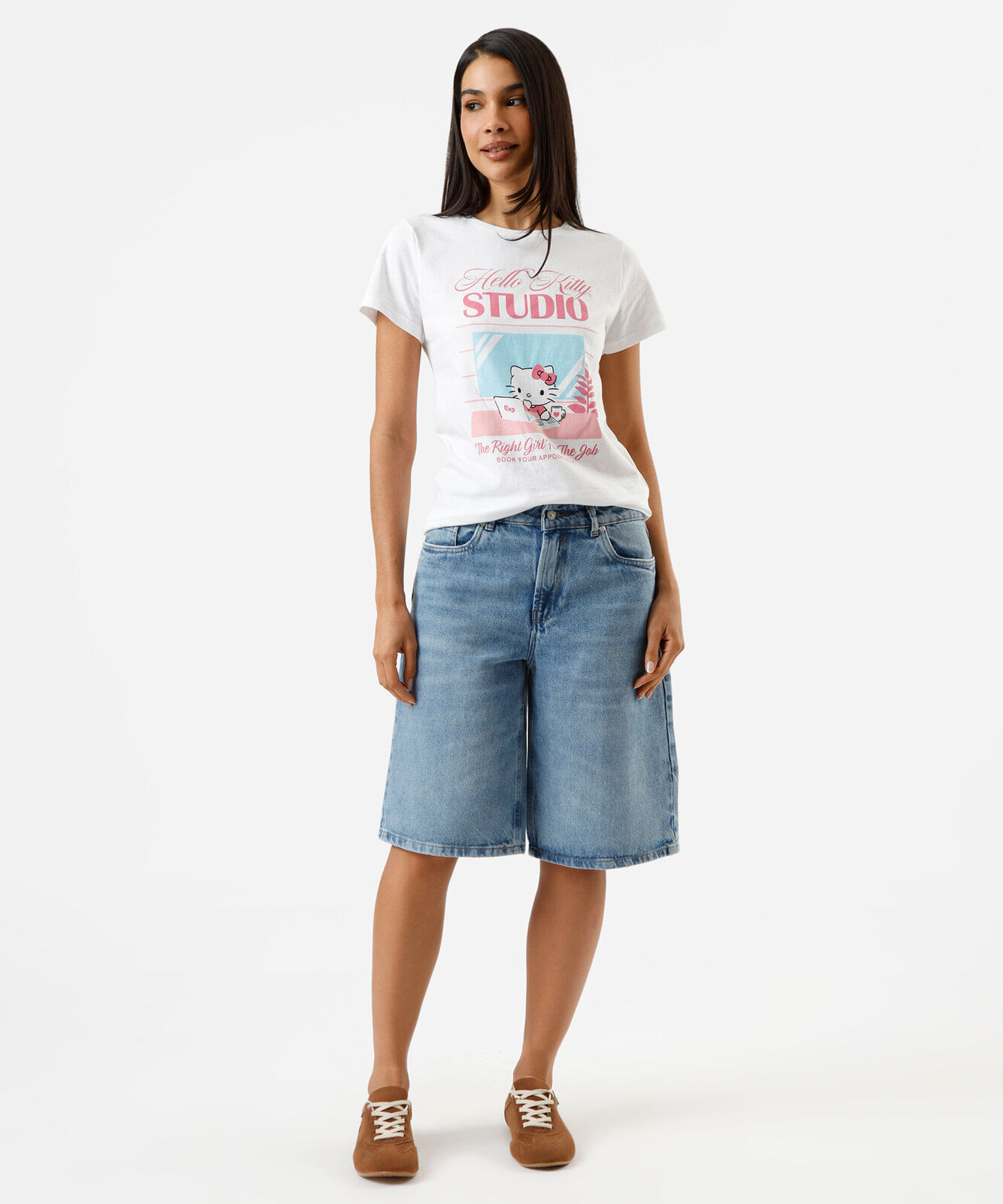 camiseta feminina de algodão manga curta hello kitty off white
