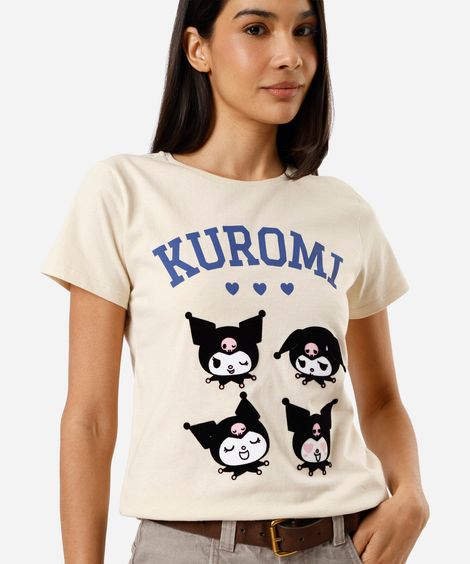 camiseta feminina de algodão manga curta kuromi bege