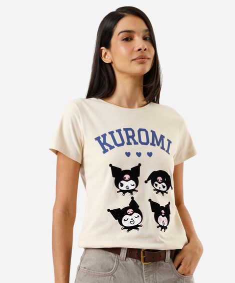 camiseta feminina de algodão manga curta kuromi bege