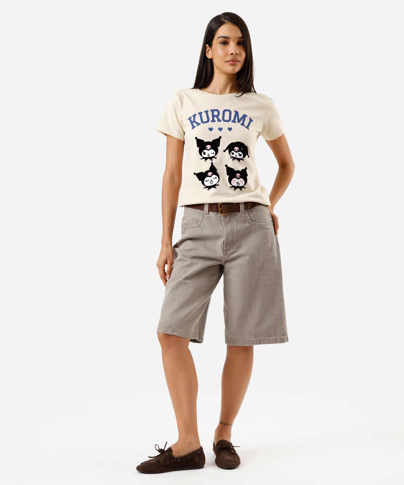 camiseta feminina de algodão manga curta kuromi bege