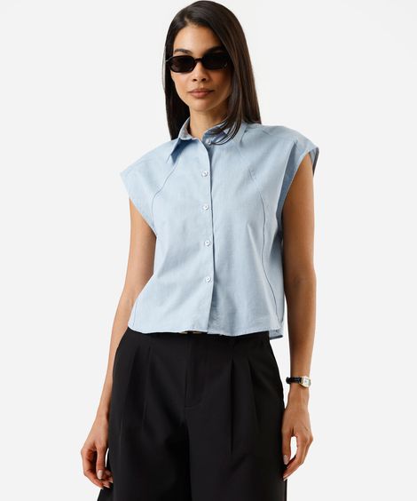 camisa feminina de algodão com recortes azul