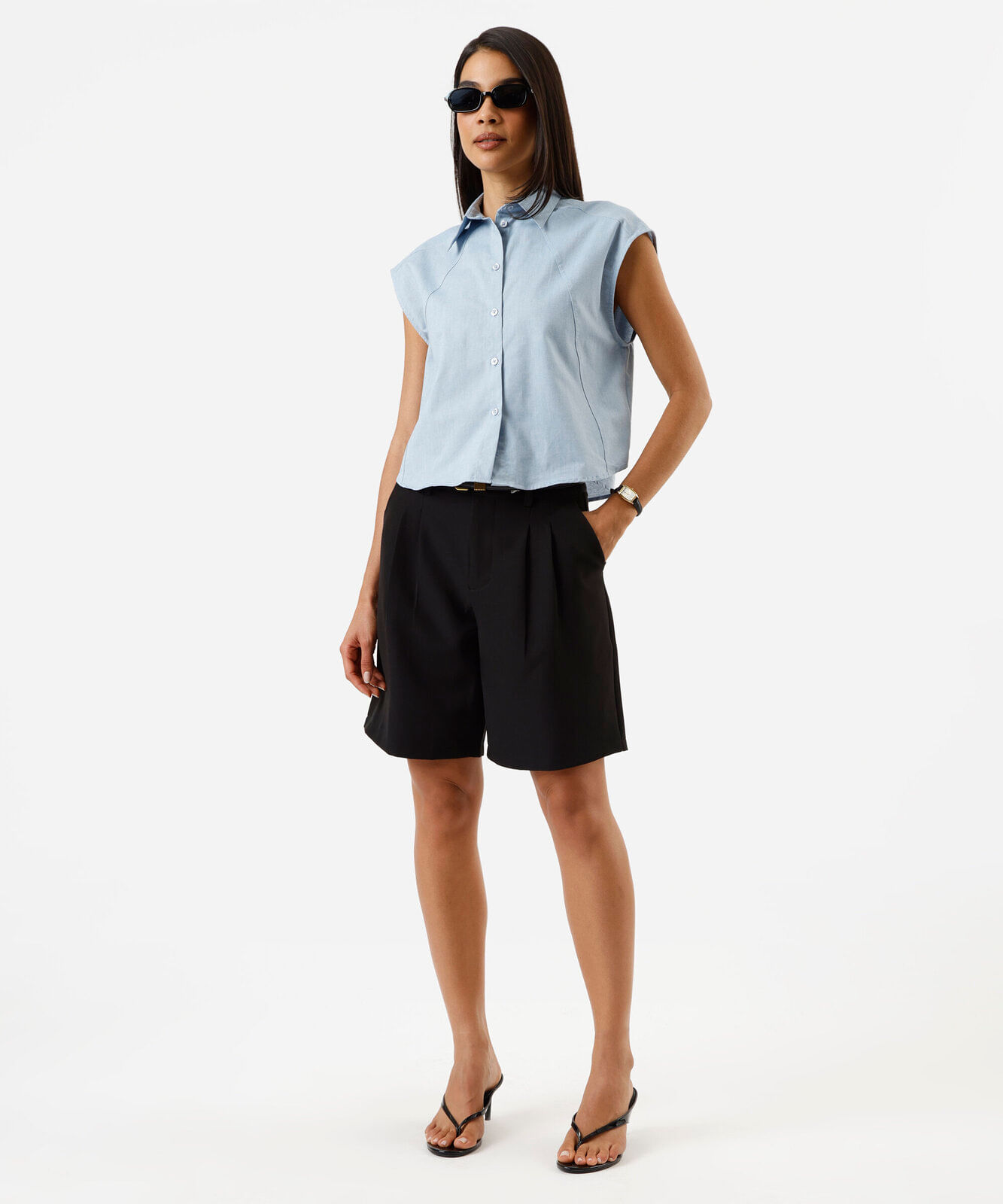 camisa feminina de algodão com recortes azul