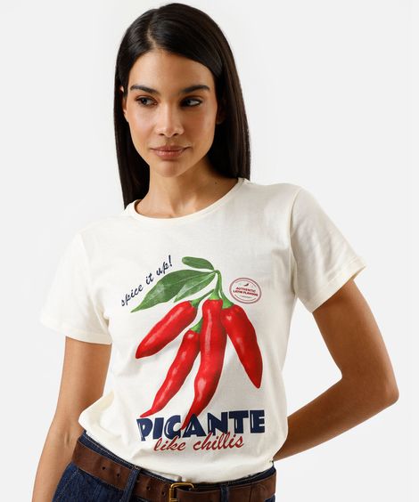 camiseta feminina de algodão manga curta estampada bege