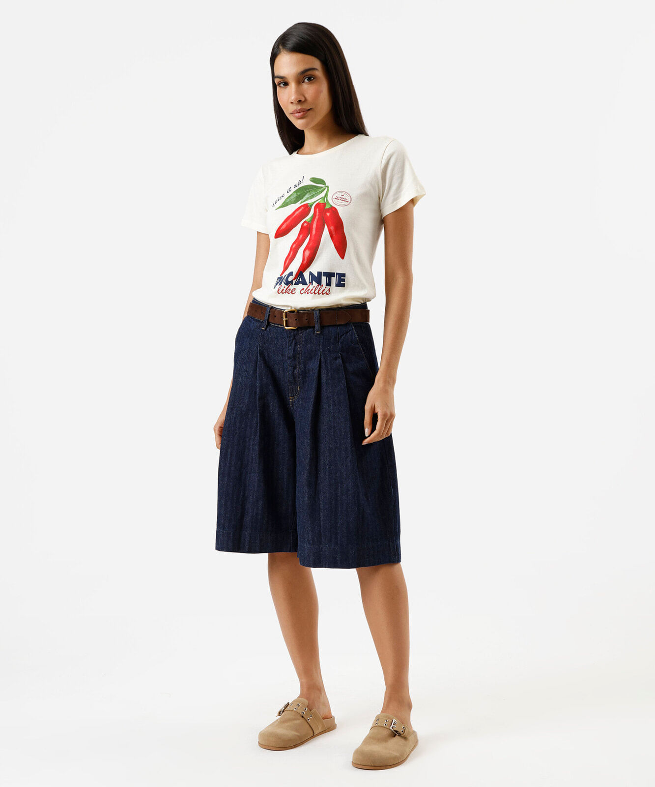 camiseta feminina de algodão manga curta estampada bege