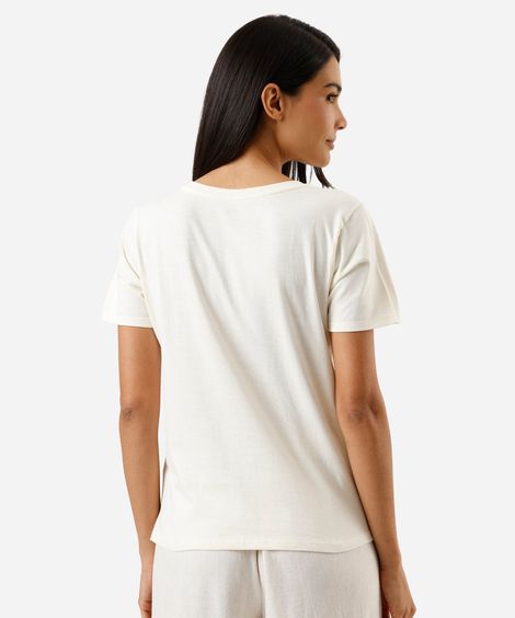 camiseta feminina de algodão manga curta floral bege