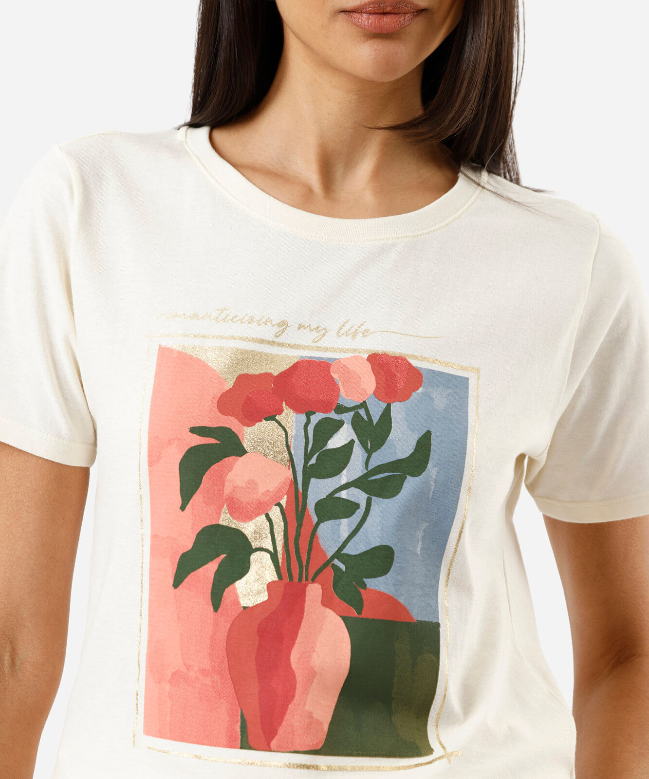 camiseta feminina de algodão manga curta floral bege