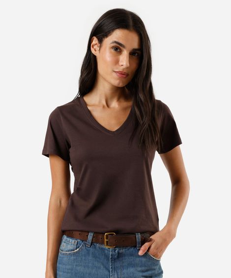 camiseta feminina de algodão decote v manga curta marrom