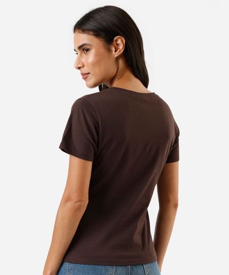 camiseta feminina de algodão decote v manga curta marrom