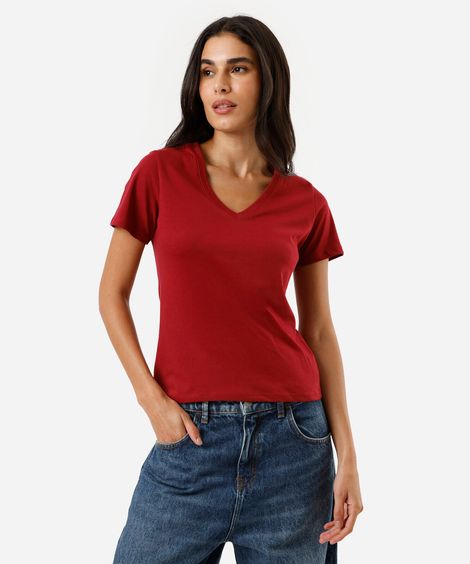 camiseta feminina de algodão decote v manga curta vermelha