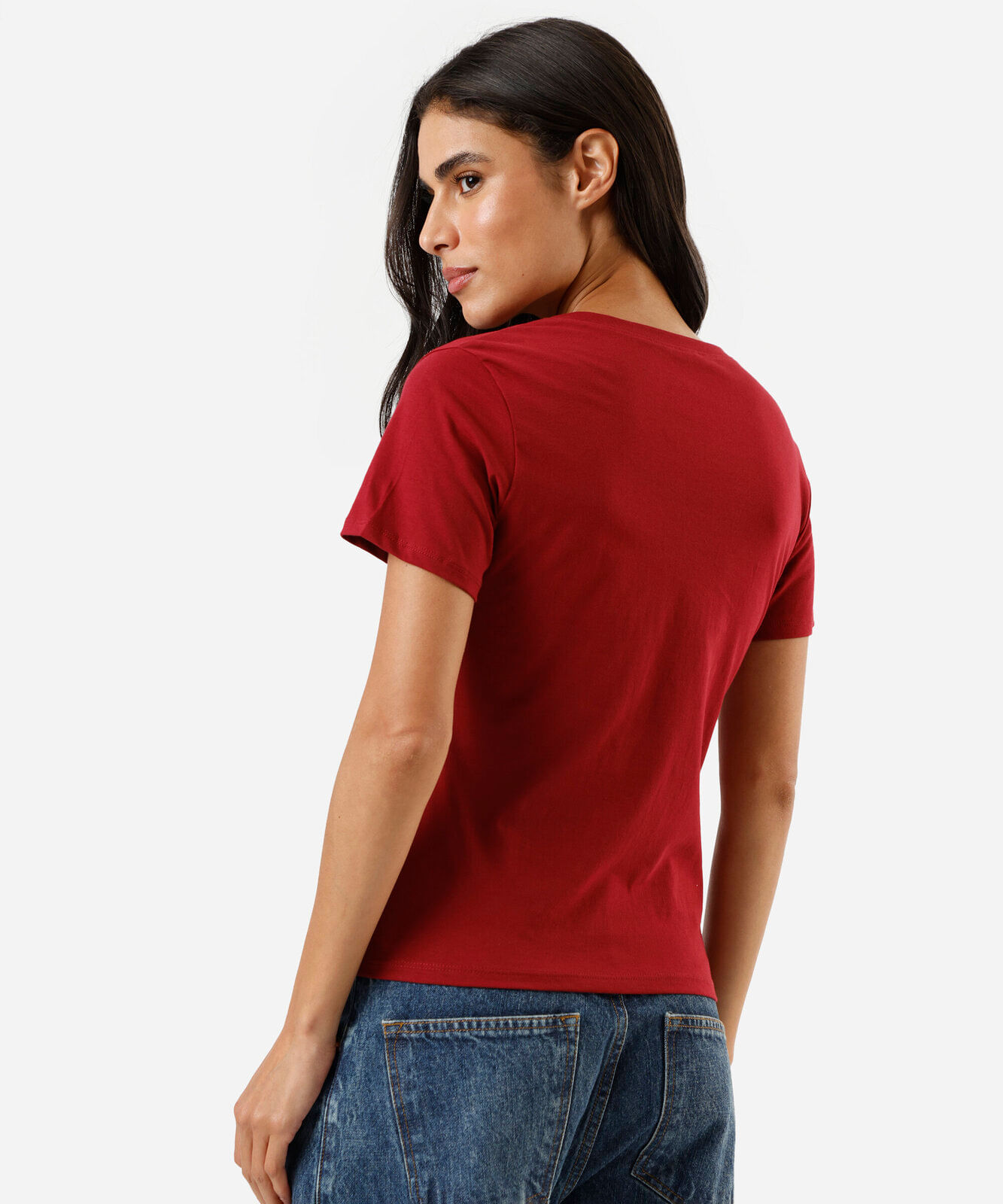 camiseta feminina de algodão peruano decote v vermelha