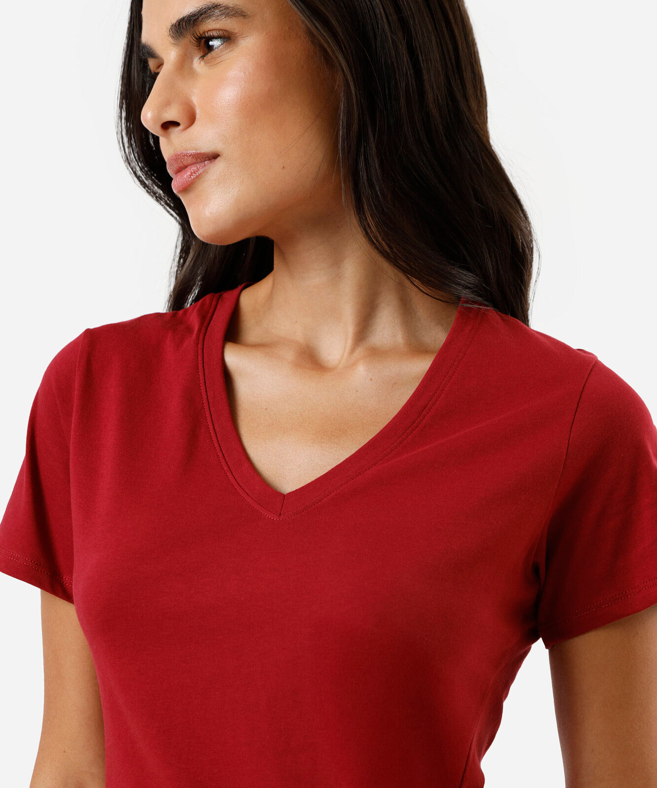 camiseta feminina de algodão peruano decote v vermelha