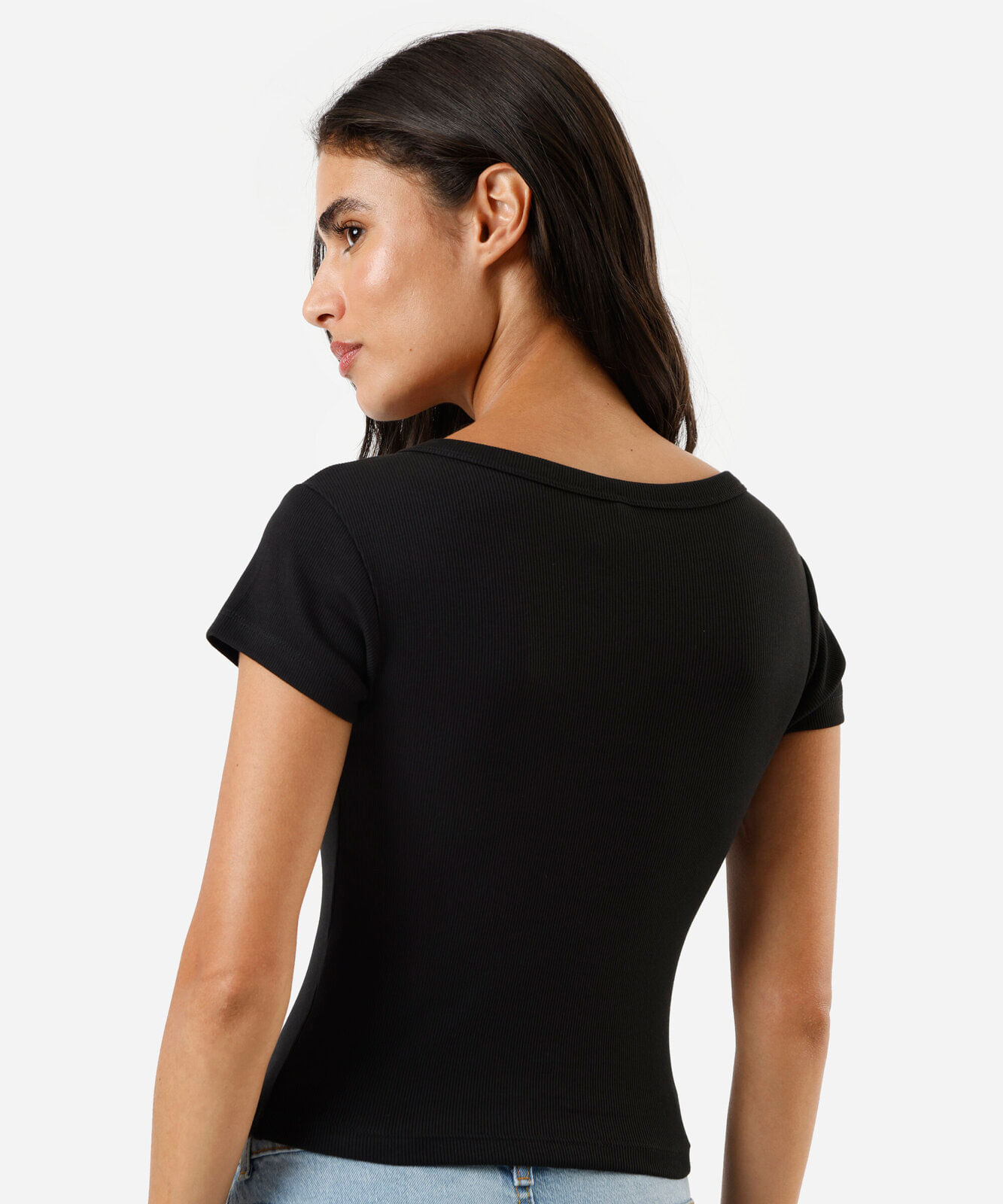 blusa feminina de algodão decote v manga curta canelada preta