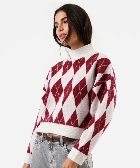suéter oversized feminino de tricot gola alta xadrez argyle vinho