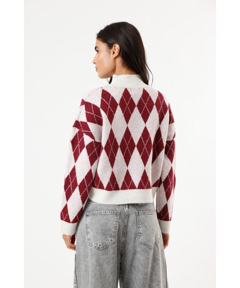 suéter oversized feminino de tricot gola alta xadrez argyle vinho