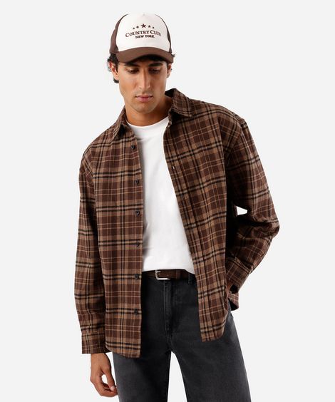 camisa masculina de algodão xadrez marrom