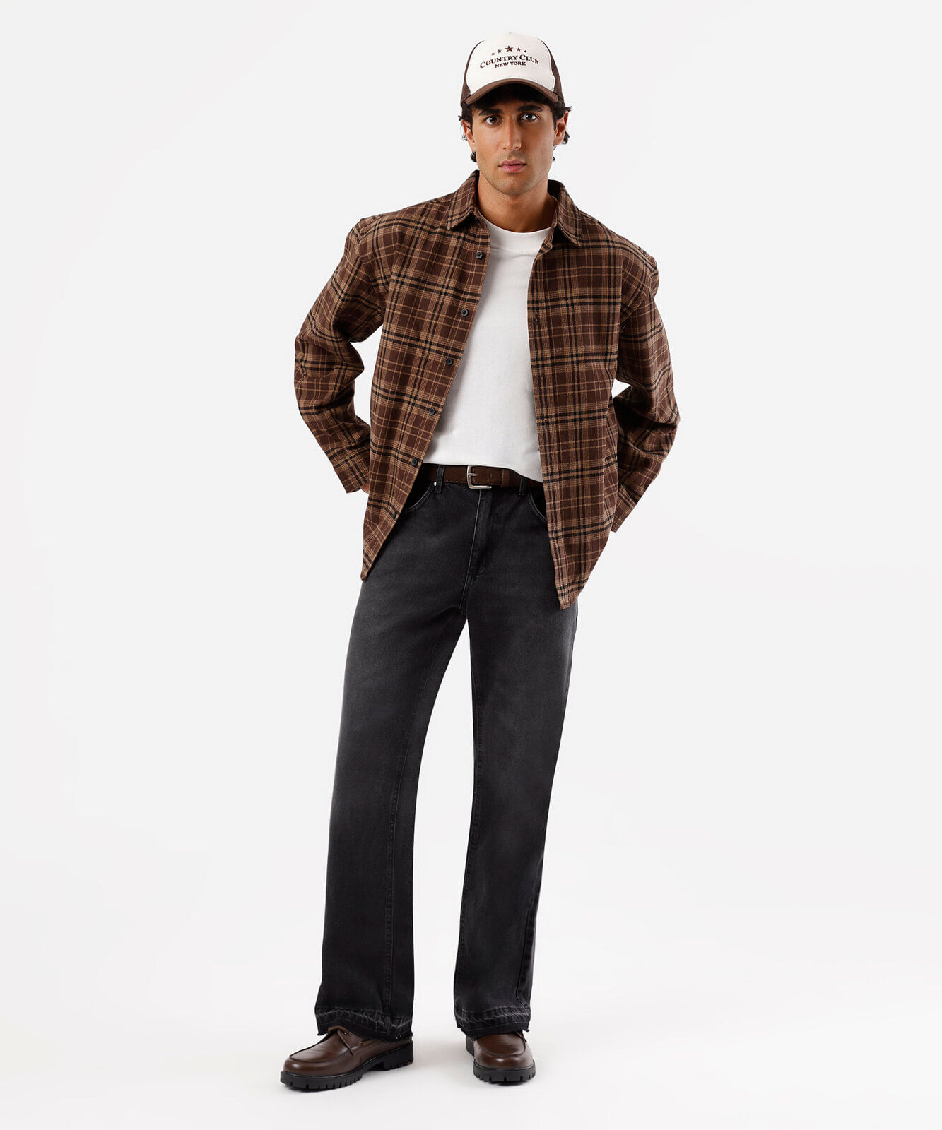 camisa masculina de algodão xadrez marrom