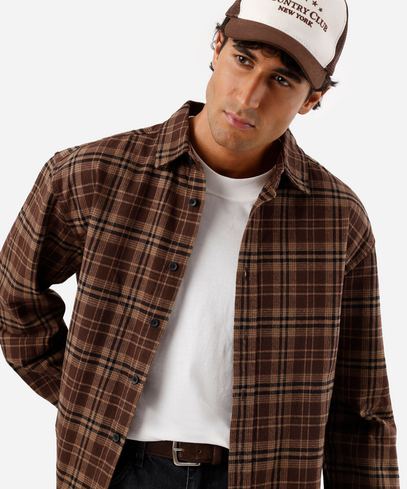 camisa masculina de algodão xadrez marrom