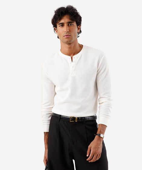 blusa básica masculina manga longa texturizada branca