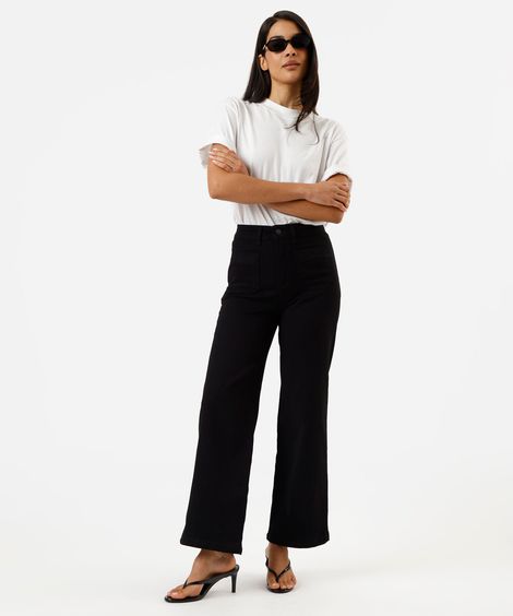 calça wide leg feminina de sarja  cintura alta sawary preta