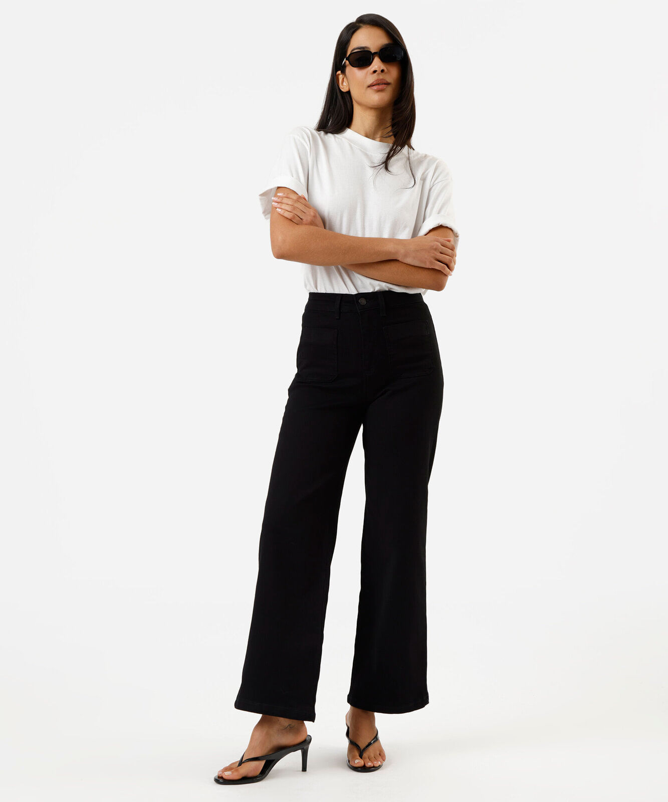 calça wide leg feminina de sarja  cintura alta sawary preta