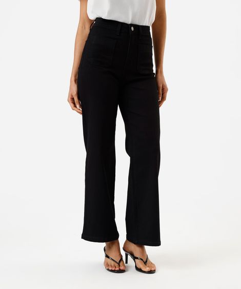 calça wide leg feminina de sarja  cintura alta sawary preta