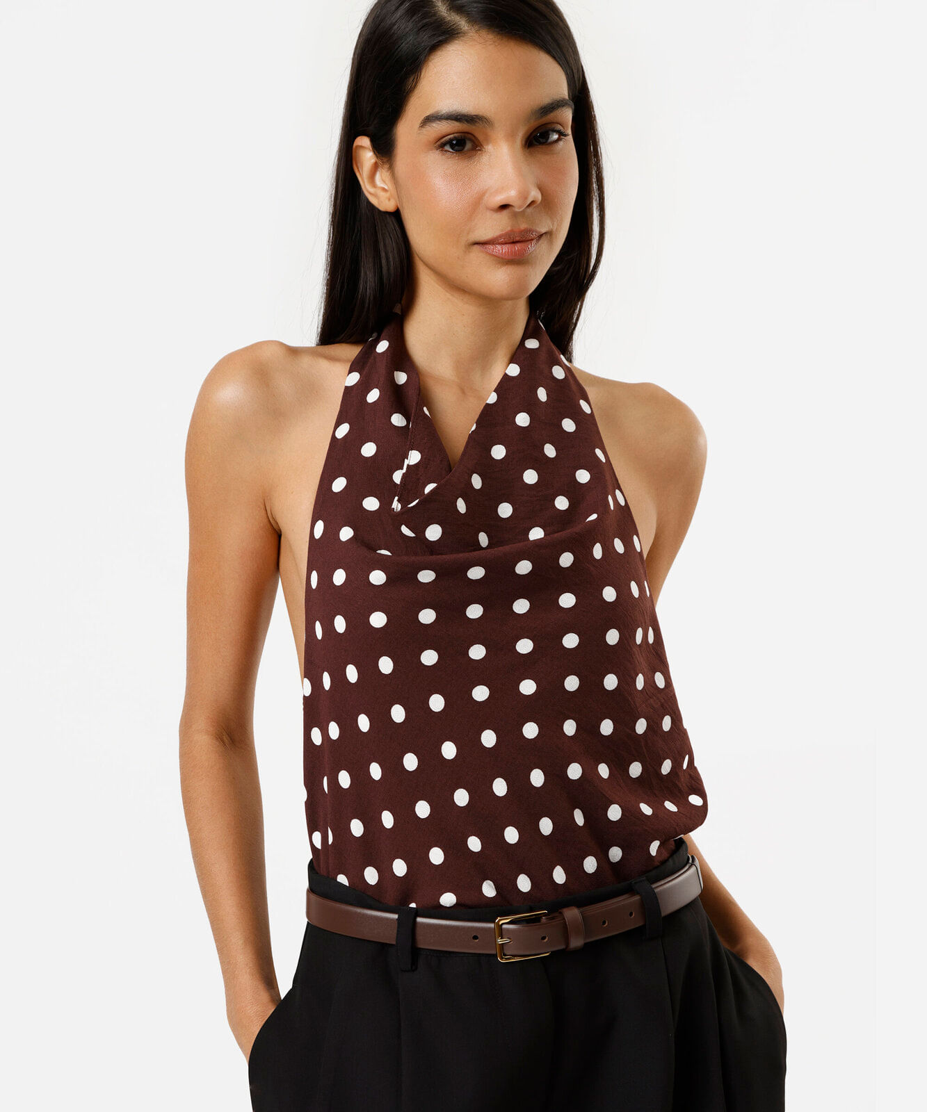 blusa frente única feminina com viscose poá marrom