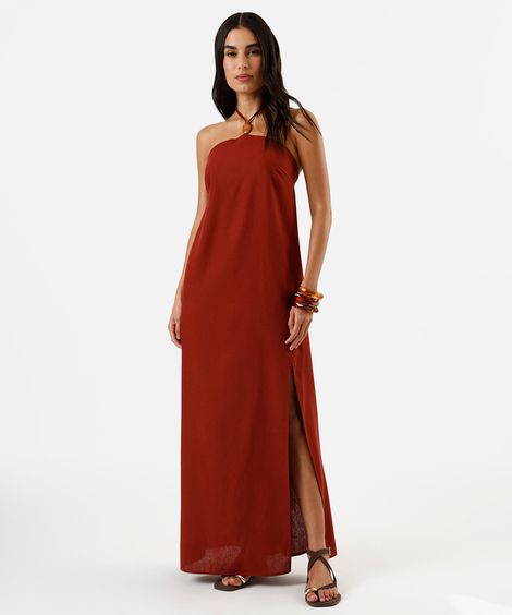vestido midi feminino com linho e fenda vinho