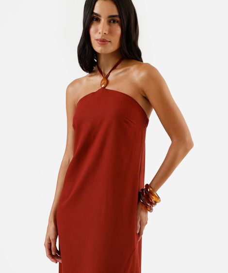 vestido midi feminino com linho e fenda vinho