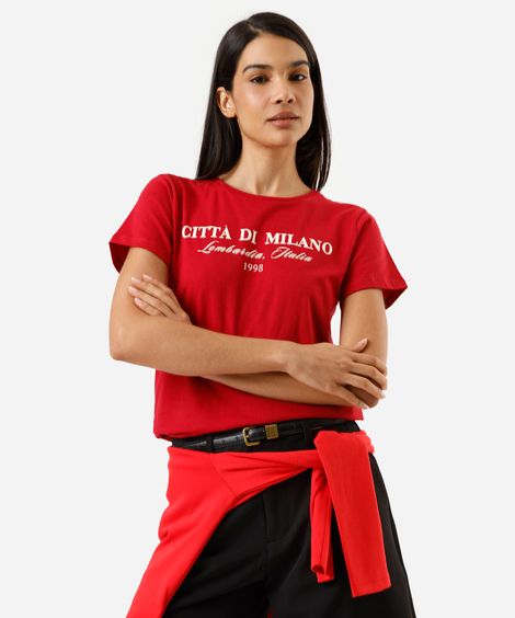 camiseta feminina de algodão manga curta estampada vermelha