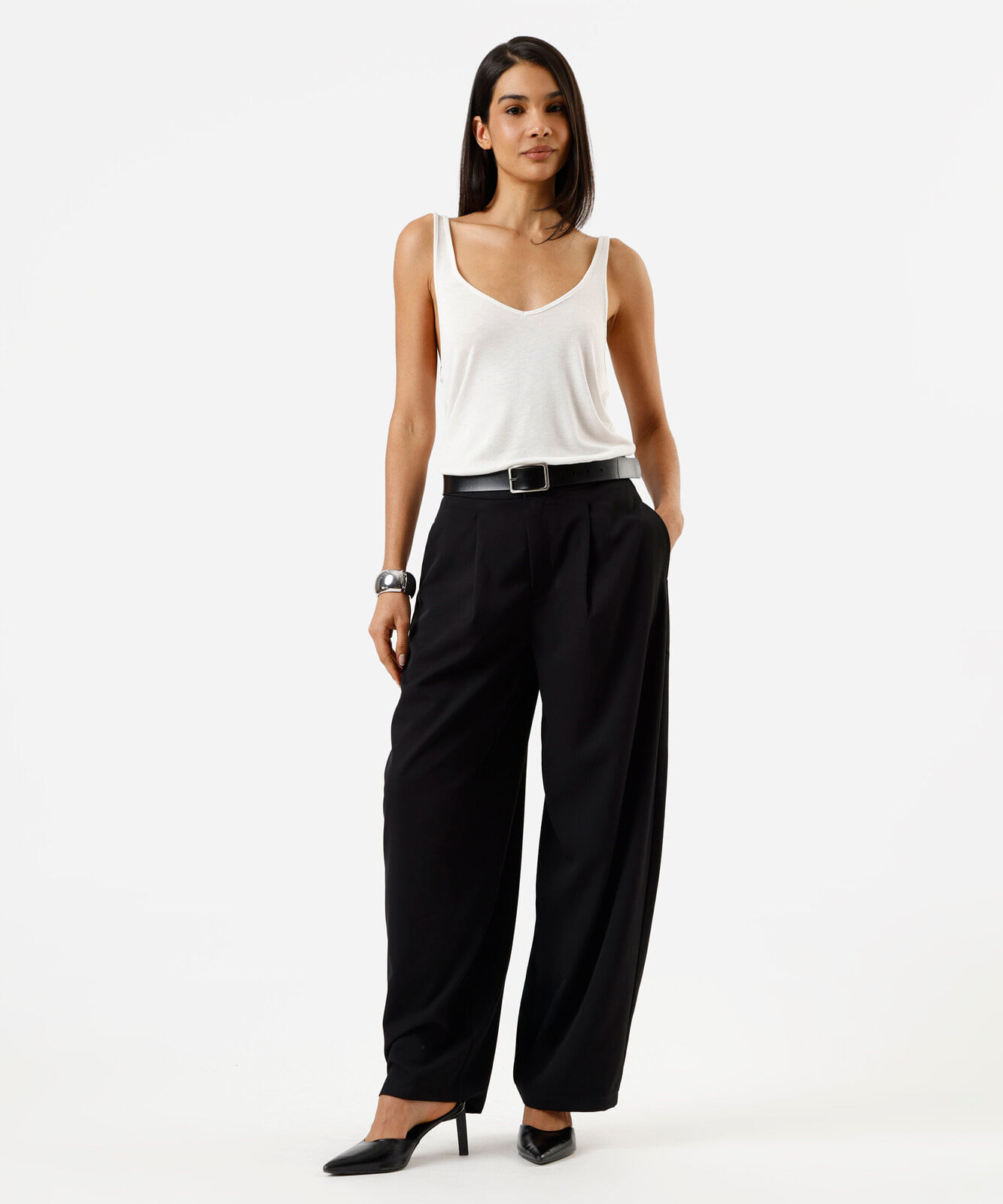 calça balloon feminina com pregas cintura alta preta