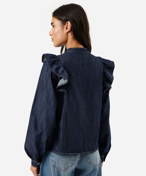camisa feminina jeans manga longa com babados azul