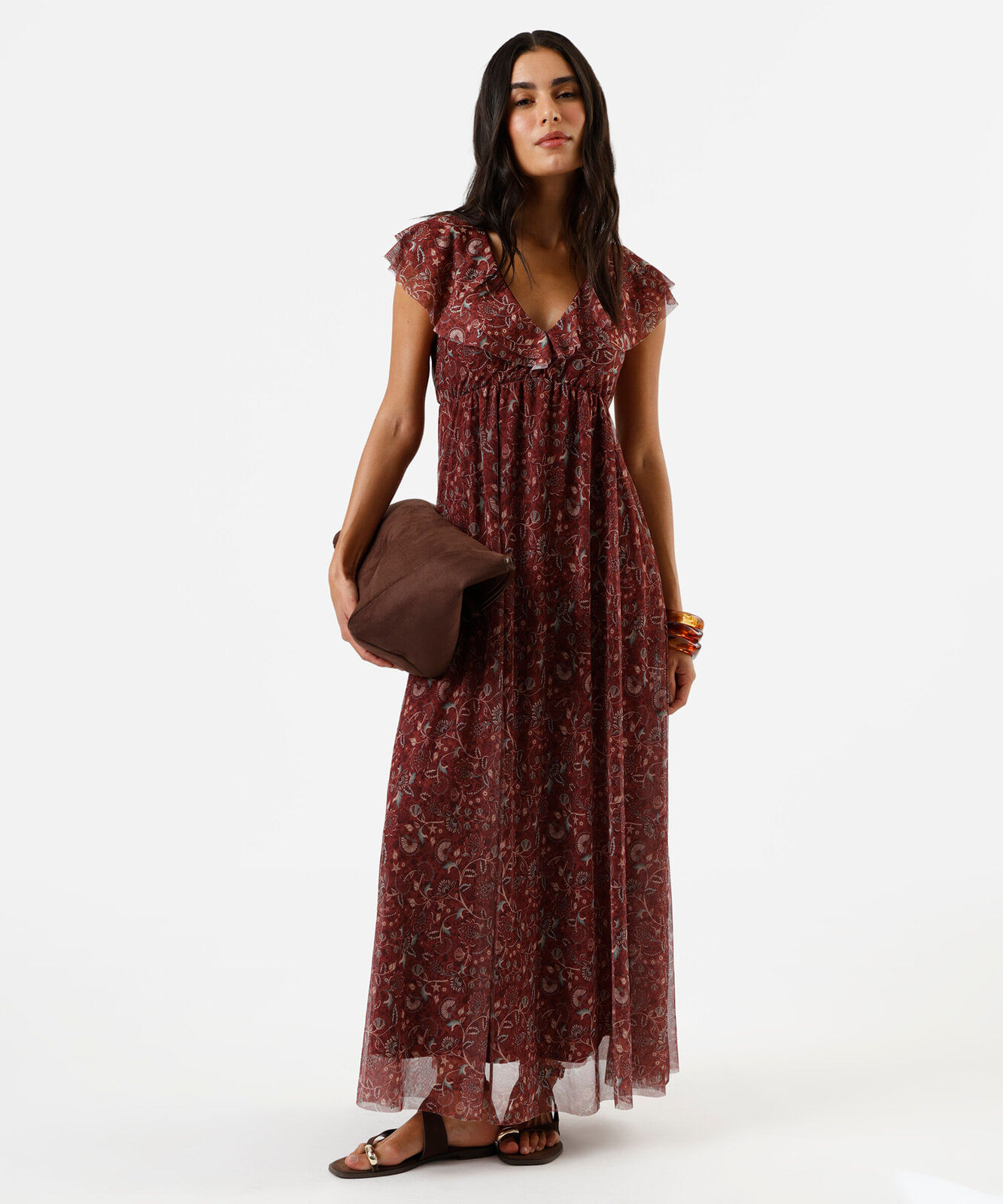 vestido longo feminino de tule com babados floral vinho
