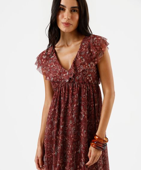 vestido longo feminino de tule com babados floral vinho