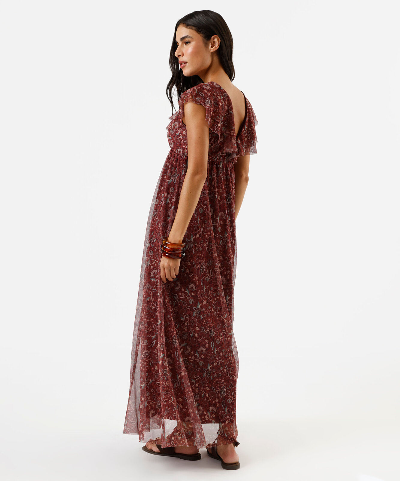 vestido longo feminino de tule com babados floral vinho