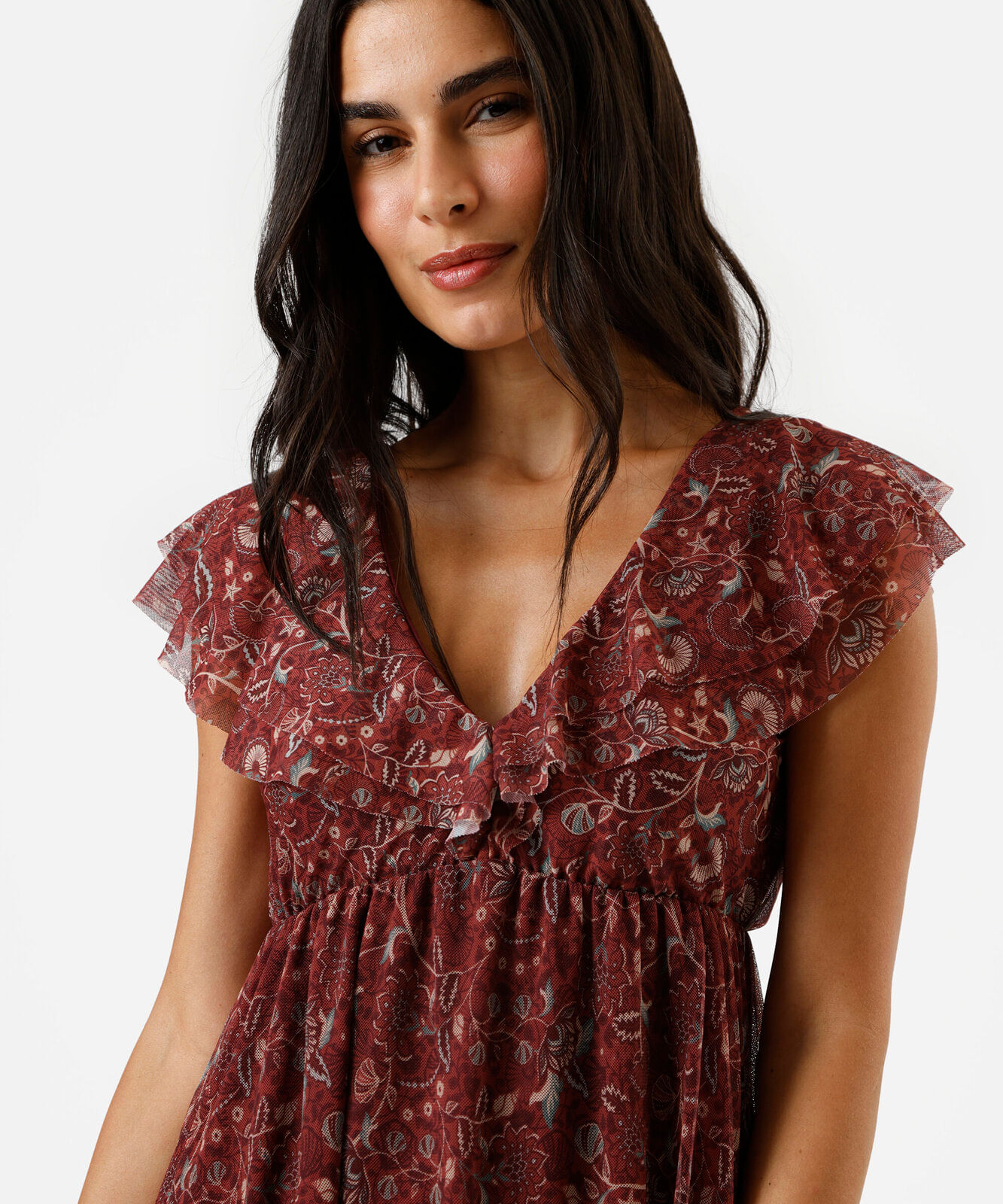 vestido longo feminino de tule com babados floral vinho